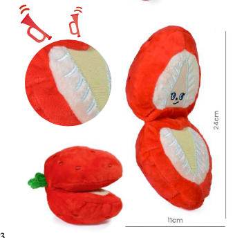 Peluche con forma de fresa con squeaker y espacio para premio
