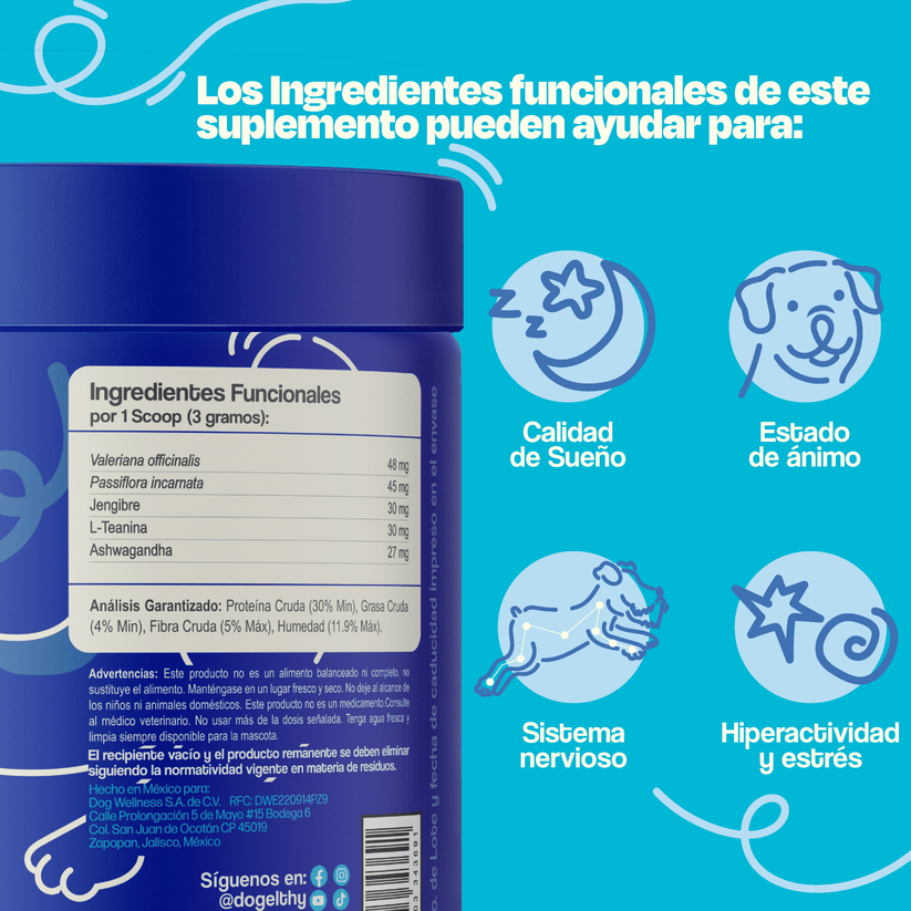Dogelthy / Calming Powder / Calmante / Relajante Natural para Hiperactividad o Estrés Sabor a Pescado de 270g