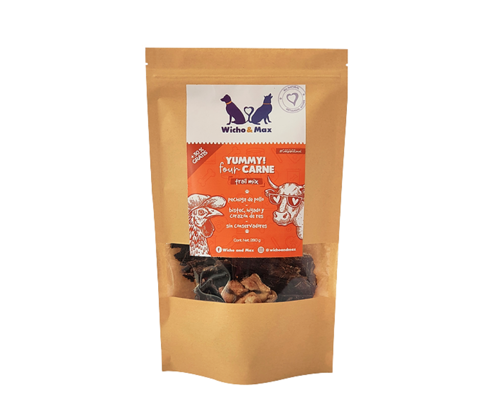 Yummy 4 carne / Mix de pechuga de pollo, bistec, hígado y corazón de res deshidratado