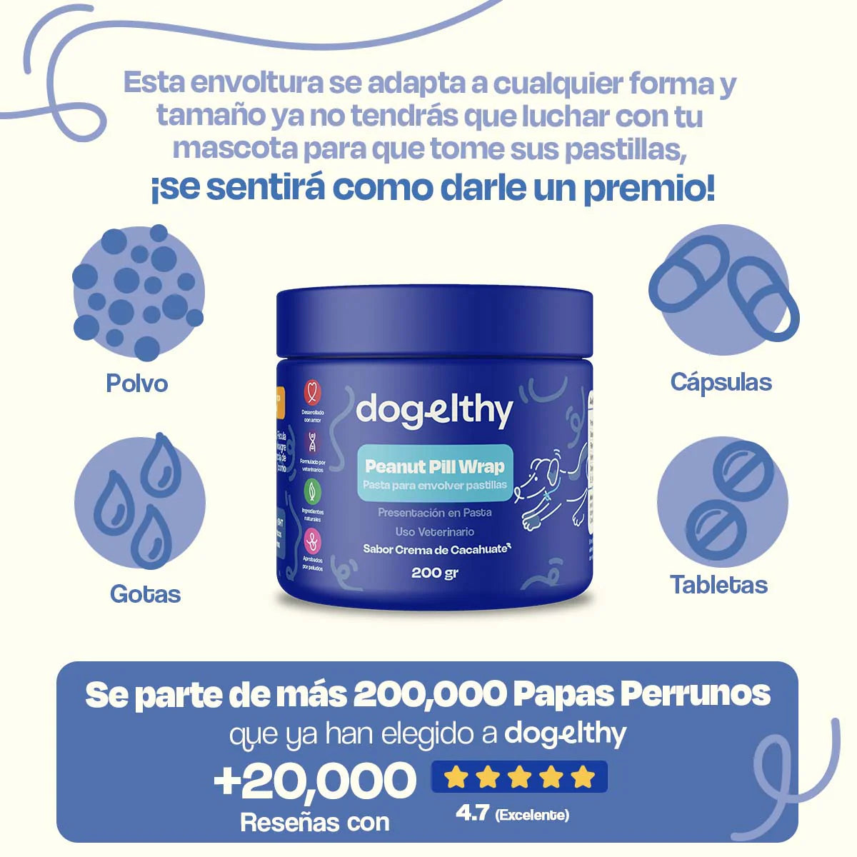 Dogelthy / Pill Wrap / Recubrimiento de pastillas para perros / Sabor crema de cacahuate