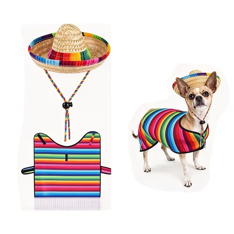 Juego de Capa Mexicana con Sombrero para Mascota – Multicolor Talla XS