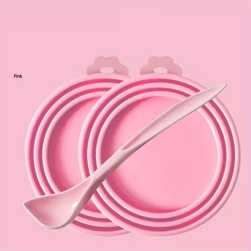 Juego de 2 tapas de silicona y 1 cuchara para conservación de alimentos.