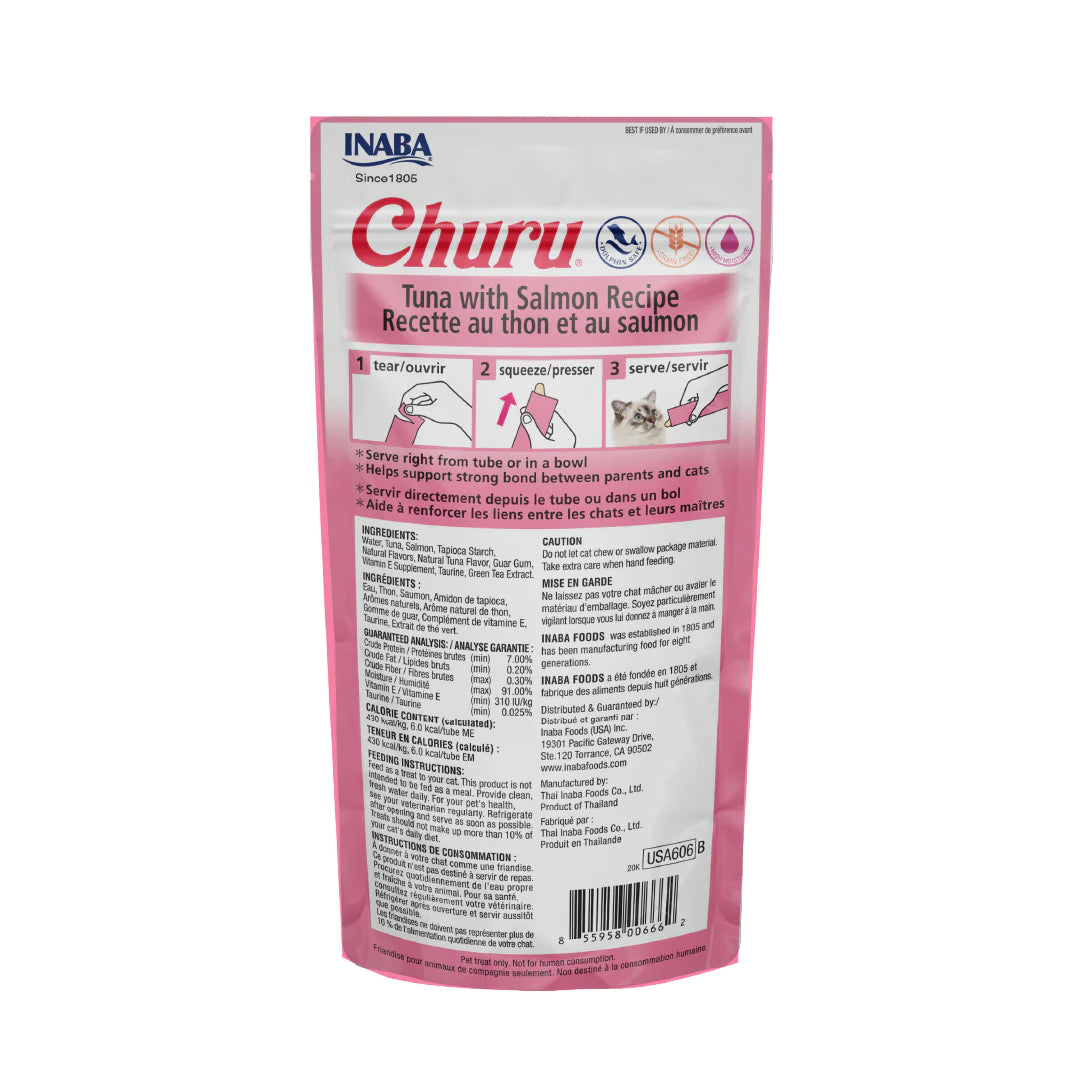 Inaba Churu / Atún y salmón / Snack cremoso para gatos / 4 piezas