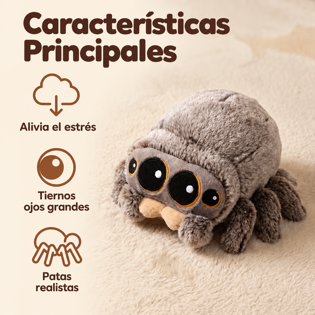 Araña Saltarina de Peluche Kawaii – Gris, Suave y Esponjosa