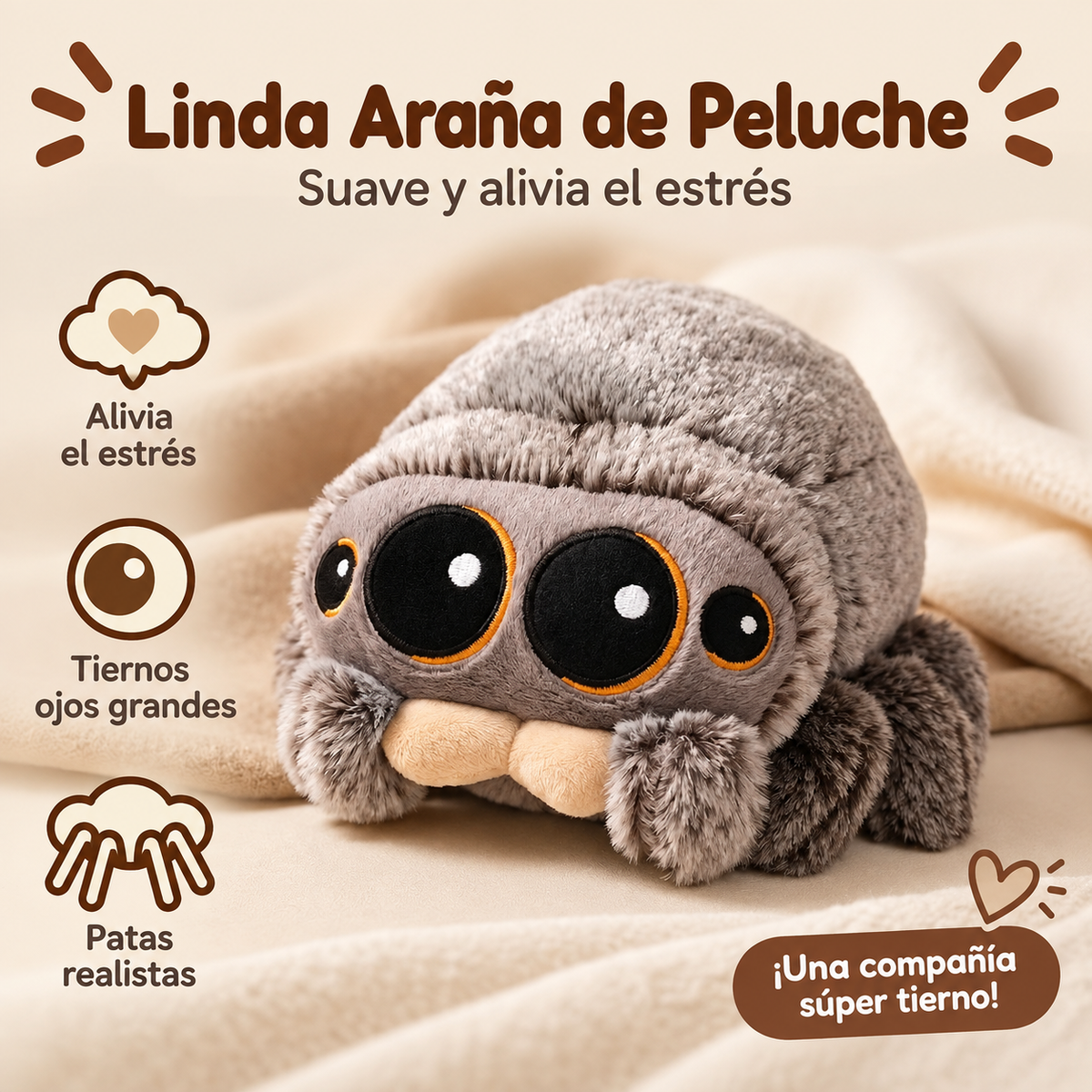 Araña Saltarina de Peluche Kawaii – Gris, Suave y Esponjosa