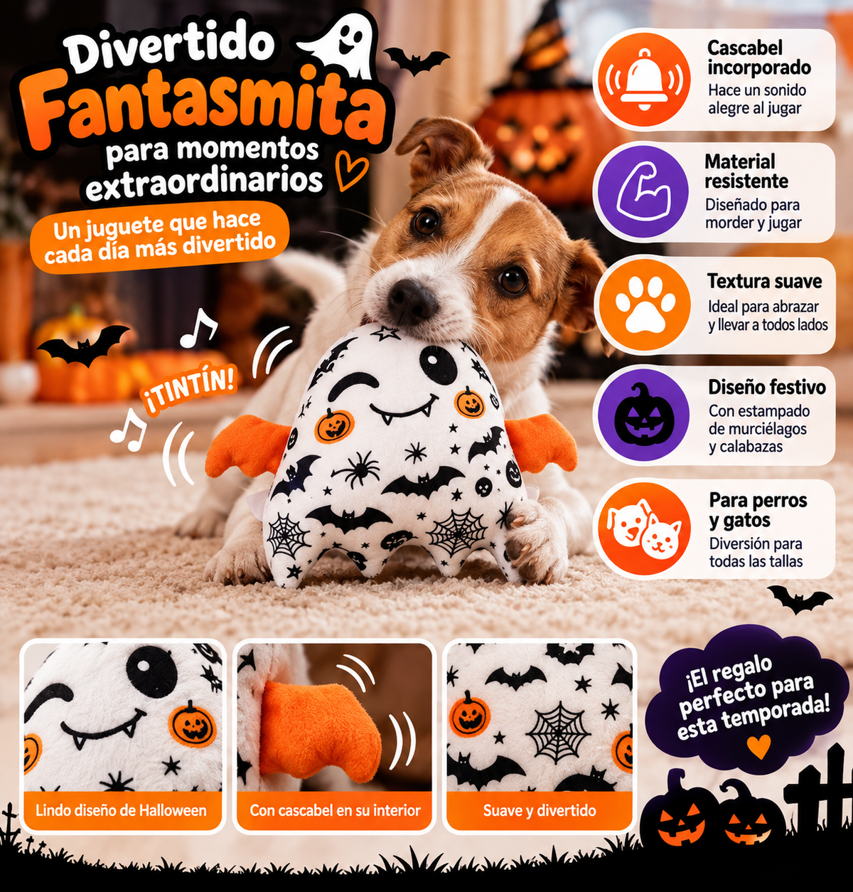 Juguete Fantasma de Halloween con Cascabel para Perro y Gato