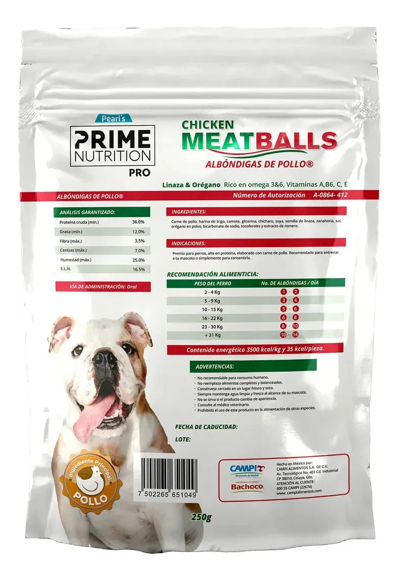 Pearl's Prime Nutrition PRO Chicken Meatballs – Premios de Pollo para Perro 250 g