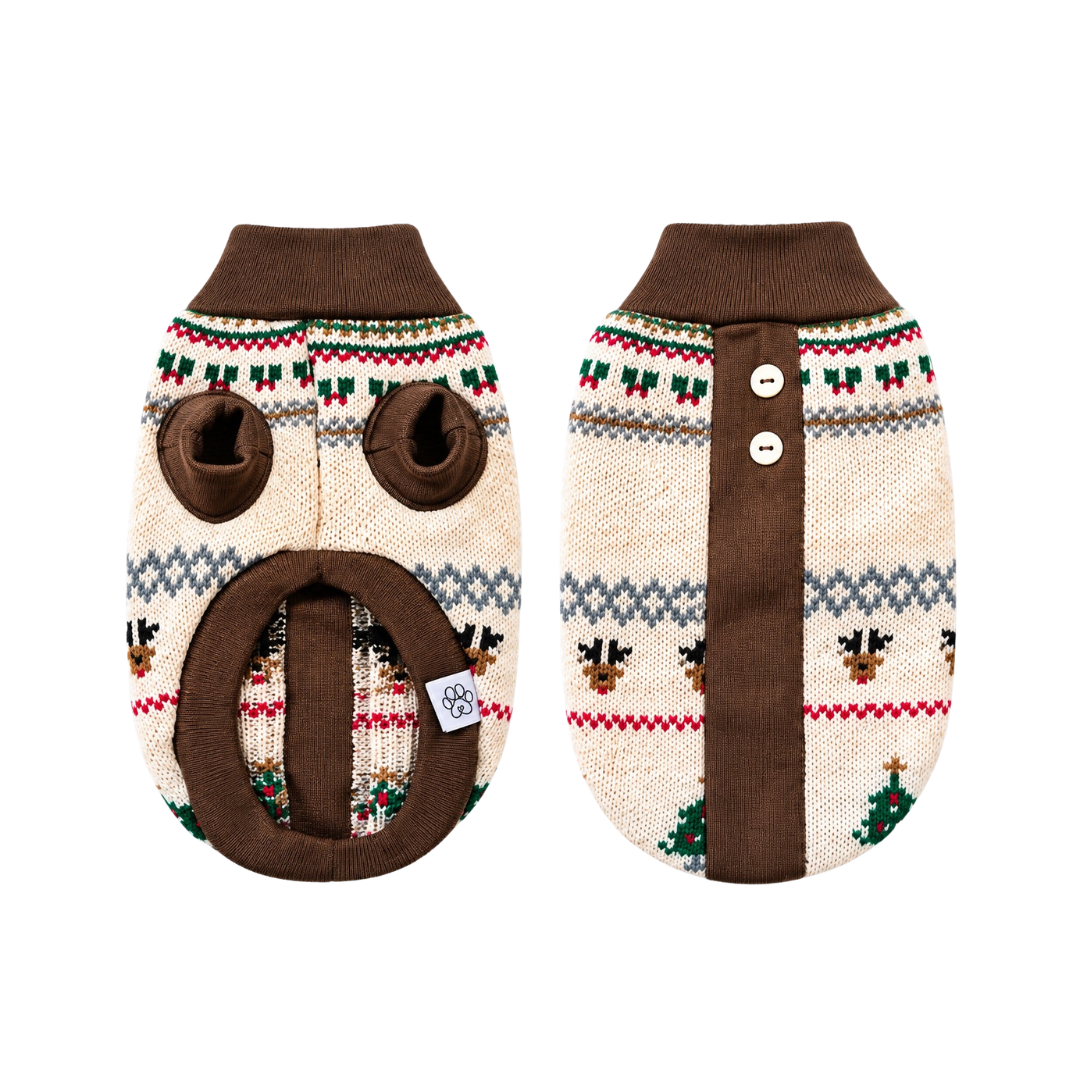 Suéter Navideño Beige para Perro con Renos y Arbolitos – Edición Especial