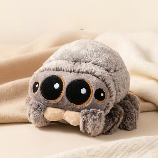 Araña Saltarina de Peluche Kawaii – Gris, Suave y Esponjosa