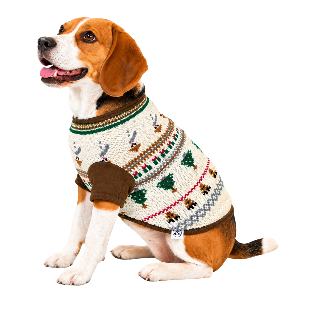 Suéter Navideño Beige para Perro con Renos y Arbolitos – Edición Especial