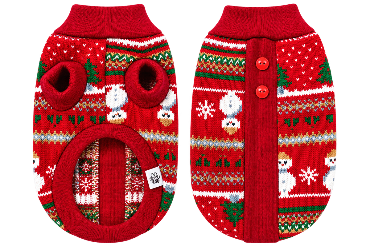 Suéter Navideño Rojo para Perro con Renos y Muñecos de Nieve – Edición Especial