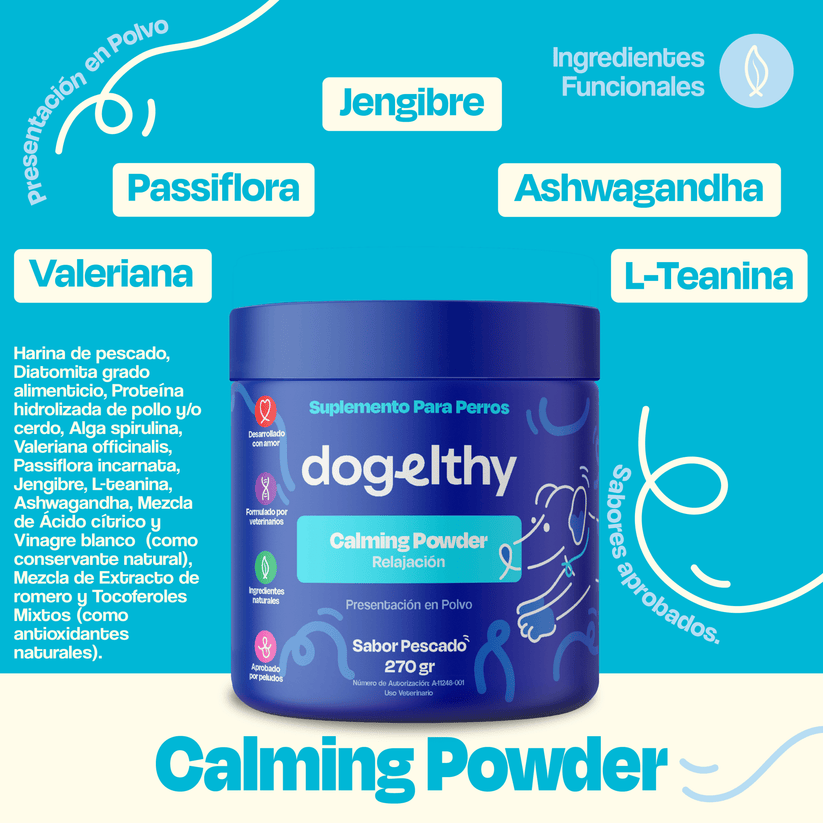 Dogelthy / Calming Powder / Calmante / Relajante Natural para Hiperactividad o Estrés Sabor a Pescado de 270g