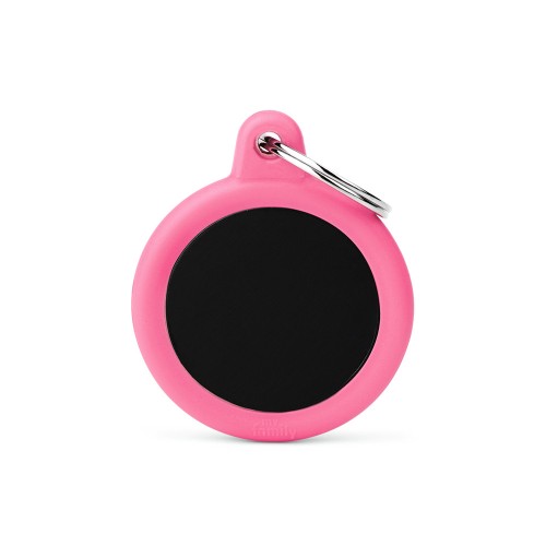 Plaquita de identificación / Hushtag My Family / Circulo con aro de goma rosa y aluminio negro