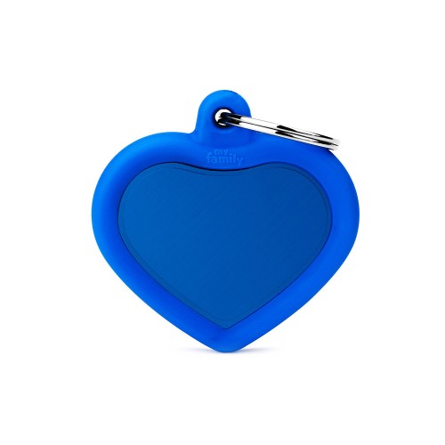 Plaquita de identificación / Hushtag My Family / Corazón con aro de goma azul y aluminio azul