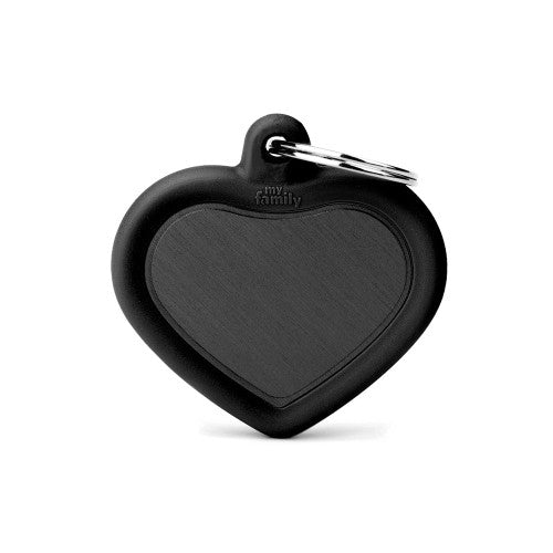 Plaquita de identificación / Hushtag My Family / Corazón con aro de goma negra y aluminio negro XL