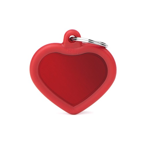 Plaquita de identificación / Hushtag My Family / Corazón con aro de goma rojo y aluminio rojo