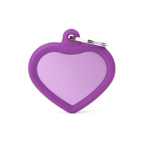 Plaquita de identificación / Hushtag My Family / Corazón con aro de goma violeta y aluminio violeta